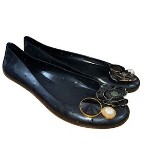 BCBG Max Azria Womens 7 Pre-Owned Black Jelly Ballet Flats Embellished Flower